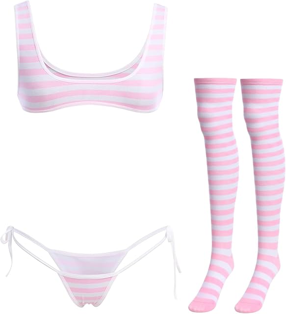 Women Cute Kawaii Anime Lingerie set Halter Strap Micro Bra Tiny Panty Garter Belt Striped Stockings 4Pcs Underwear