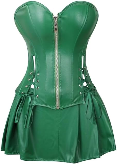 Leather Corset Dress Women's Sexy Punk Rock Gothic Bustier Lingerie Costume Set S-6XL