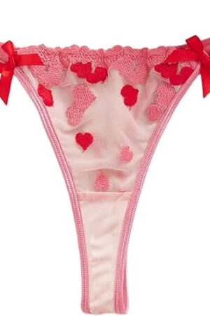 Women's Heart Embroidered G-String Panty Bowknot Low Rise Sexy Thong Underwear