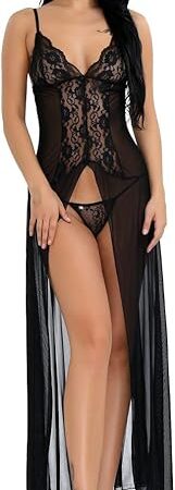 Women's Sexy Lace Split Long Babydoll Nightgown Dress Kimono Lingerie Set with G-String