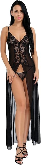 Women's Sexy Lace Split Long Babydoll Nightgown Dress Kimono Lingerie Set with G-String