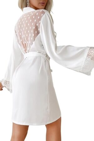 Women's Satin Short Robe, Polka Dot Mesh, Eyelash Lace Long Sleeve, Sexy Silk Kimono Lingerie Sleepwear