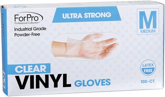 ForPro Disposable Vinyl Gloves, Clear, Industrial Grade, Powder-Free, Latex-Free, Non-Sterile, Food Safe, 275 Mil Palm, 39 Mil Fingers, Medium, 100-Count
