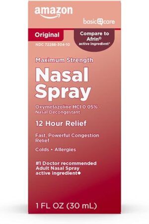 Amazon Basic Care Maximum Strength 12 Hour Nasal Spray, Oxymetazoline HCl Solution, Congestion Relief, Cold and Allergy Medicine, Decongestant, 1 fl oz (Pack of 1)