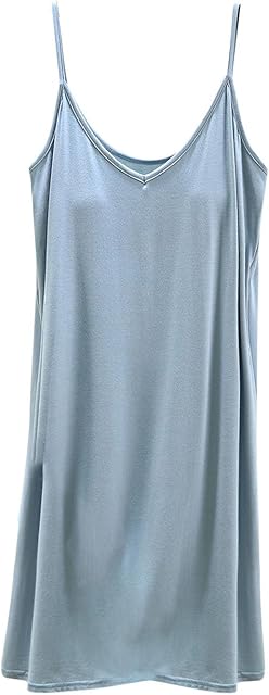 Women's Modal Nightgown Soft Full Slip Midi Sleep Dress Built in Padded Bra Sexy Spaghetti Strap Cami Tank Sleepwear