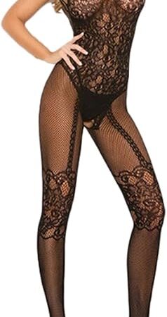 Womens Fishnet Bodystocking Attached Stockings Sexy Mesh Full Body Stockings One Piece Babydoll Nightwear Lingerie
