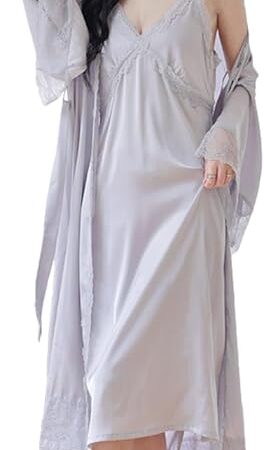 2 Piece Women Satin Nightgowns and Robe Set Sexy Lace Silk Slip Dress Long Home Suit Nightdress Sleepwear