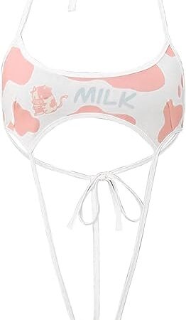 Womens Sexy Cow Spot Print Lingerie Bodysuit Halter Neck Lace-up T-Back One Piece Mini Leotard