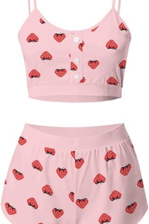 Women's Cute Pajamas 2 Piece Pj Sets Strawberry Cami Crop Tops Shorts Summer Kawaii Lounge Set Sleepwear Nightwear