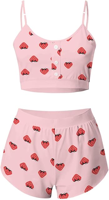 Women's Cute Pajamas 2 Piece Pj Sets Strawberry Cami Crop Tops Shorts Summer Kawaii Lounge Set Sleepwear Nightwear