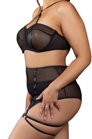 Women Plus Size Lingerie Sets with Garter Belt 3 Piece Underwire Bra and Panty Set Teddy Babydoll