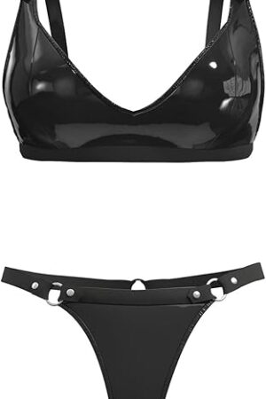 Women Sexy Leather Lingerie Set, High-Elastic Shorts, Glossy, Shiny Shaping Latex Bra Adjustable