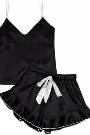Women's Satin Silk 2pcs Set Pajamas V Neck Cami Top With Self Tie Shorts Pj Sst Sleepwear