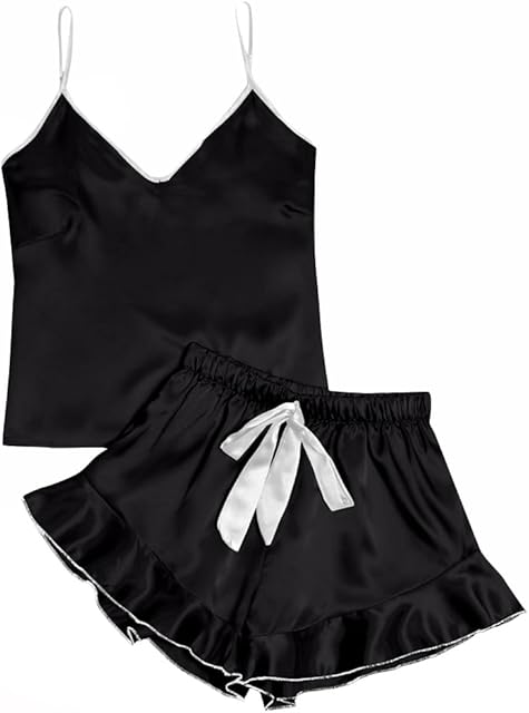 Women's Satin Silk 2pcs Set Pajamas V Neck Cami Top With Self Tie Shorts Pj Sst Sleepwear