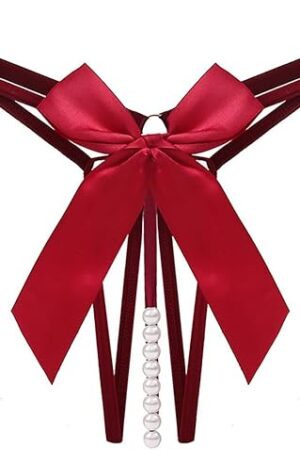 Womens Sexy Underwear Cutout Pendant Pearl Beads Embellished Big Bow G-String Thong Sexy Naughty Lingerie Underpants