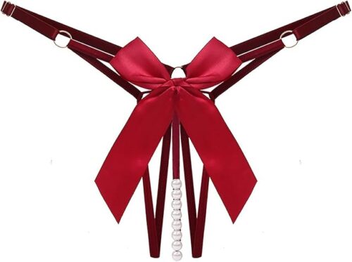 Womens Sexy Underwear Cutout Pendant Pearl Beads Embellished Big Bow G-String Thong Sexy Naughty Lingerie Underpants