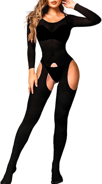 Fishnet Bodysuit For Women Fit 0-18, Sexy Long Sleeve Bodystocking, Plus Size Exotic Sheer Lingerie Glow Rave Outfit