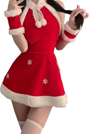 Women'S Sexy Mrs Claus Costume Sleeveless Red Velvet Elf Dress Christmas Cosplay Lingerie Dress Costumes