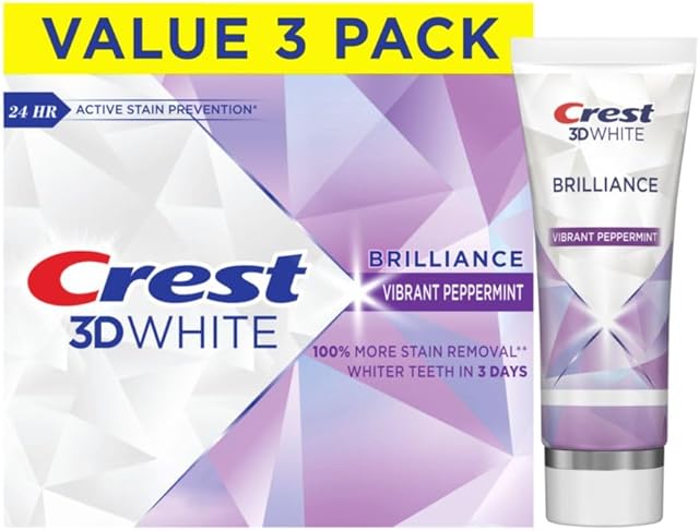 Crest 3D White Brilliance Vibrant Peppermint Teeth Whitening Toothpaste, 46 oz Pack of 3, Anticavity Fluoride Toothpaste, 100% More Surface Stain Removal, 24 Hour Active Stain Prevention