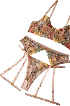 3 Piece Vibrant Floral Embroidered Lingerie Set for Women Sexy Sheer Underwire Bra Panty Cute Garter Belt Lingerie