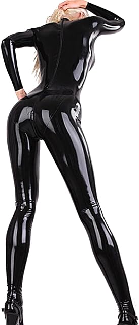 Women's Sexy Shiny Wetlook Leather Long Sleeve Zipper Crotch Bodysuit Full Body Catsuit Jumpsuit Clubwear