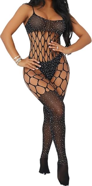 Women Fishnet Sparkle Rhinestone Bodysuit Lingerie Mesh Bodystocking Chemise Nightwear Teddy Lingerie