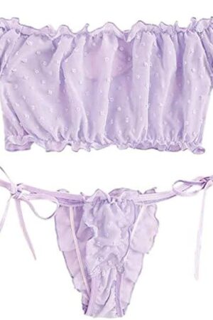 Bra and Panty Set Ruffle Lingerie Mesh Purple Women's Self Tie Ruffle Trim Dobby Mesh - Sexy Underwire Cute Push Up Strappy Embroidered Sheer Lingerie Set