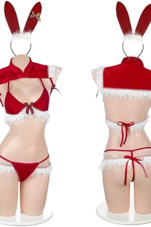 Women Christmas Lingerie Bra Panty Headbands and Stocking Mini Skirt Nightwear Babydoll Cosplay Sexy Mrs Claus Costume Red