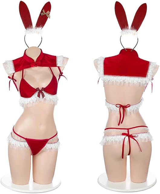 Women Christmas Lingerie Bra Panty Headbands and Stocking Mini Skirt Nightwear Babydoll Cosplay Sexy Mrs Claus Costume Red