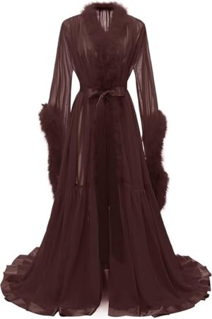 Feather Bridal Robe Fur Chiffon Maternity Gown Lingerie Bathrobe Long Wedding Scarf Nightgown for Women