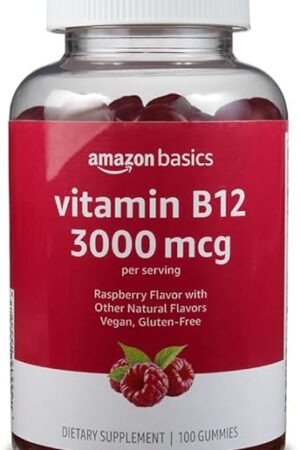 Amazon Basics Vitamin B12 3000 mcg Gummies, Normal Energy Production and Metabolism, Immune System Support, Raspberry, 100 Count (2 per serving) (Previously Solimo)