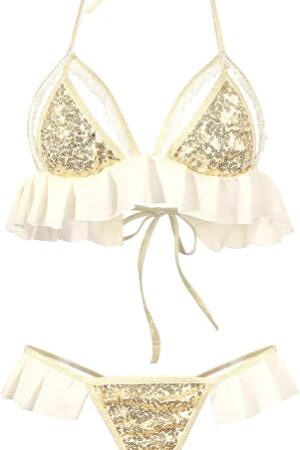 Women Sexy Lingerie Sparkle Sequin Glitter Bikini Cute Triangle Bra and Panty Set Ruffle Strappy Teddy Babydoll