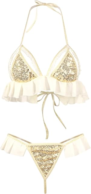 Women Sexy Lingerie Sparkle Sequin Glitter Bikini Cute Triangle Bra and Panty Set Ruffle Strappy Teddy Babydoll