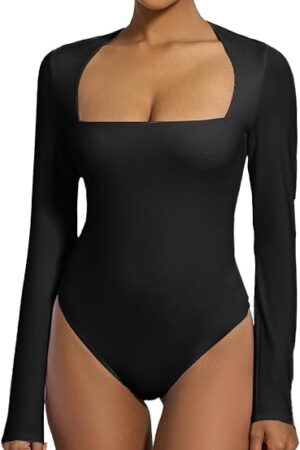 Women's Square Neck Long Sleeve Bodysuit Sexy Thong Double-Lined Tops