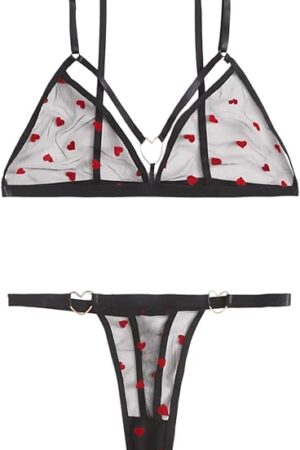 Women's Sexy Heart Ring Harness Solid Sheer Spaghetti Strap Lingerie Set