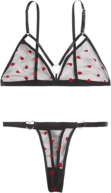 Women's Sexy Heart Ring Harness Solid Sheer Spaghetti Strap Lingerie Set