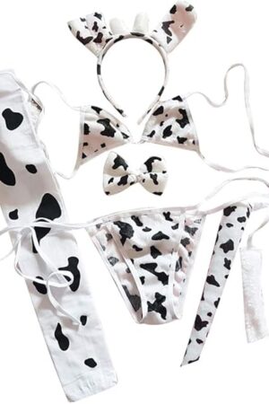 Cow Lingerie Sexy Maid Outfit Women Anime Milk Cow Print Bikini Cute Kawaii Furry Micro Bra and Panty Sets Naughty Role Playing