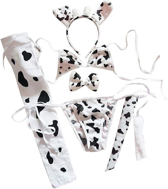 Cow Lingerie Sexy Maid Outfit Women Anime Milk Cow Print Bikini Cute Kawaii Furry Micro Bra and Panty Sets Naughty Role Playing