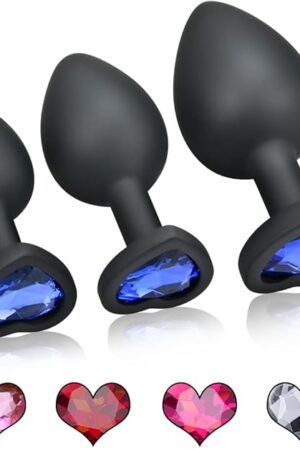 FST 3 Pcs Anal Plug Silicone Heart Butt Plug Anal Butt Plug with 5 Colors Heart Crystal Replaceable Fantasy Sex Masturbation Anus Stimulation Anal Sex Toys for Male Female Couples Beginners