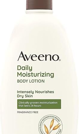 Aveeno Daily Moisturizing Body Lotion for Dry & Sensitive Skin with Prebiotic Oat, Fragrance & Paraben Free, Non-Greasy, Non-Comedogenic, 48-Hour Moisturizer 18 Fl Oz