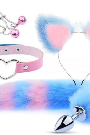 Faux Fur Cat Wolf Fox Tail Anal Plug Tail Choker Nipple Clamps Anal Butt Plug Set Adults Plush Tail Cosplay Costume