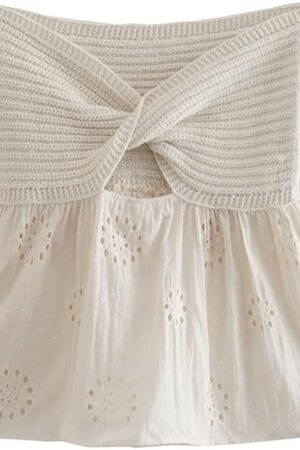 Women's Strapless Twisted Knitted Lace up Embroidery Splice Holiday Sexy Tube Top