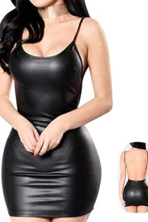 Women Latex Dress Sleeveless V-Neck Clubwear Party Backless Leather Lingerie