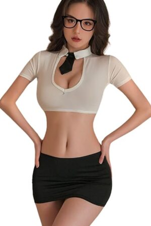 Womens Sexy Office Secretary Office Lady Teacher Role Play Costume 4 Piece Set with Short Sleeve Top Mini Skirt G-String Tie Halloween Cosplay Lingerie Fancy Dress Uniform Bodysuit Outfit