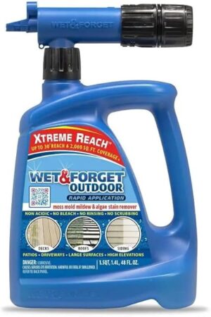 Wet & Forget Outdoor Moss, Mold, Mildew, & Algae Stain Remover Multi-Surface Cleaner, Xtreme Reach Hose End with New & Improved Nozzle, 48 Fluid Ounces