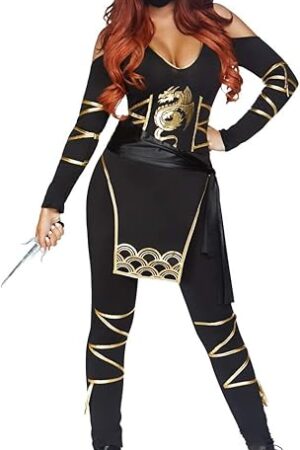 Women's 3 Pc Stealth Ninja Costume with Hooded Cold Shoulder Catsuit