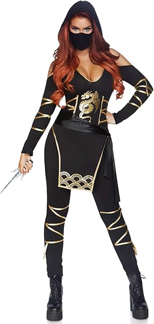 Women's 3 Pc Stealth Ninja Costume with Hooded Cold Shoulder Catsuit