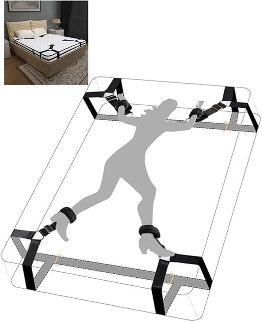 BDSM Bed Restraint Kit - Sex Bondage Adult Toys for Couples with Handcuffs, Wide Strap, Adjustable Length, and Quick 3-Minute Installation