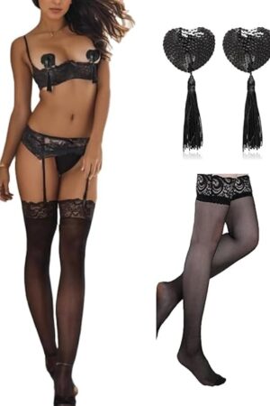 Women Garter Lingerie Set 3 Piece Naughty Lace Bra and Panty Set with Garter Blet Stocking Nipple Cover, Black