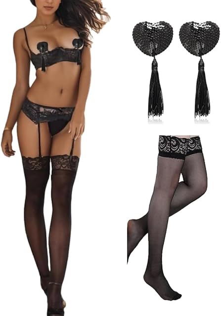 Women Garter Lingerie Set 3 Piece Naughty Lace Bra and Panty Set with Garter Blet Stocking Nipple Cover, Black